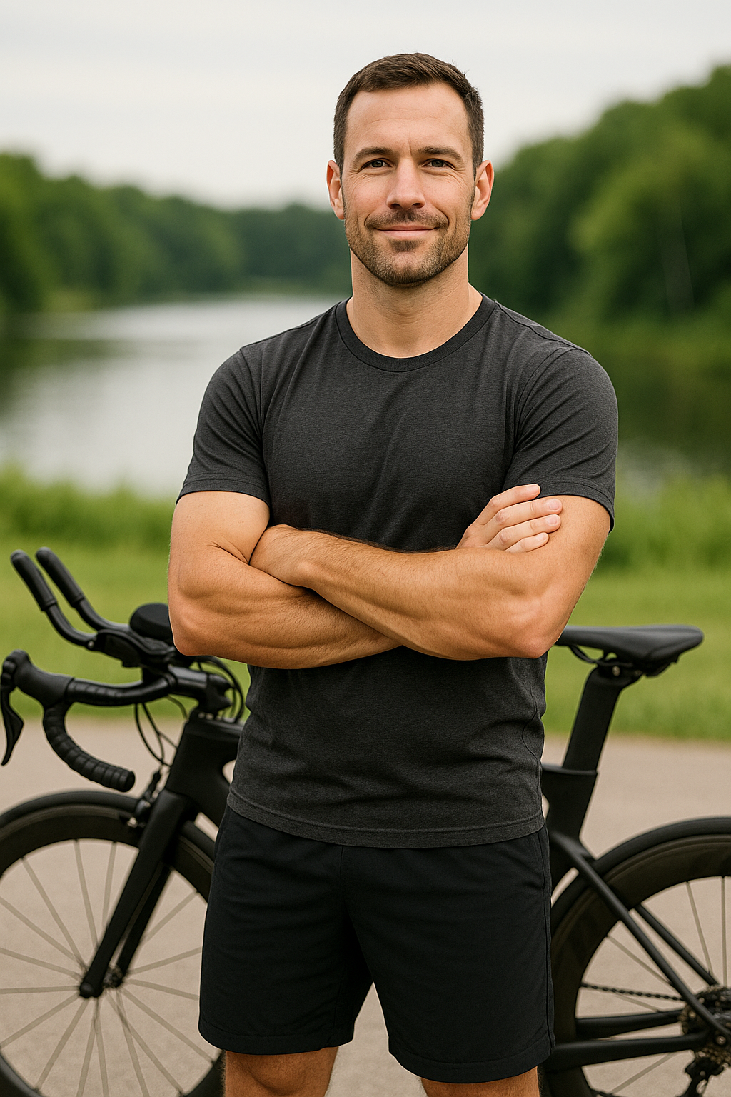 Confident Triathlon Coach  standing in front of a bike Do not include any words on the shirt and do not include a whistle-3